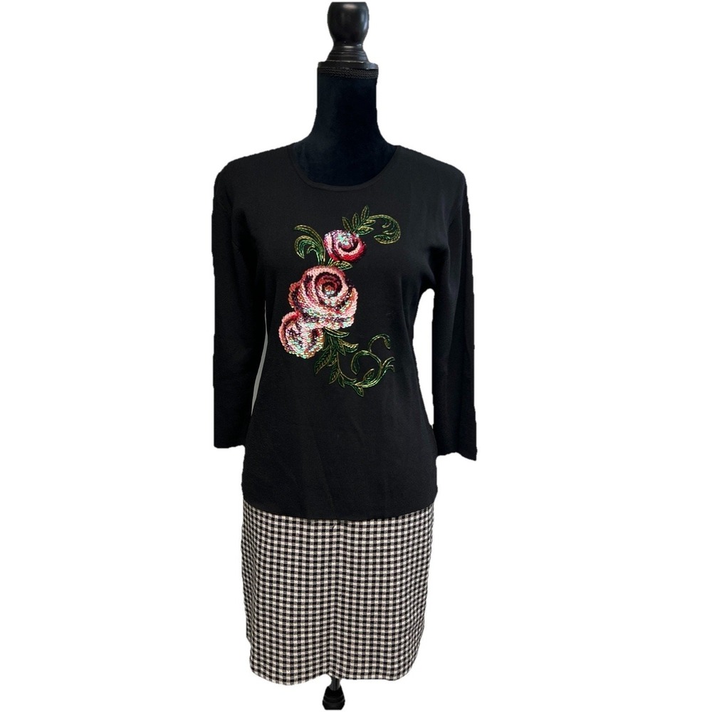 Vtg Y2K DRESSBARN Large Black beaded‎ Roses Embroidered Whimsigoth Grunge Fairy